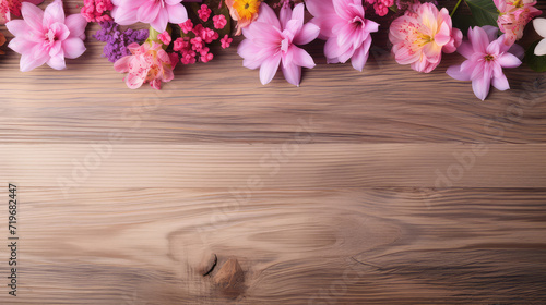 spring flowers on old rustic wooden table texture, top view copy space