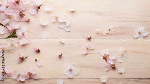 flowers and scattered petals on old rustic wooden table texture, top view copy space