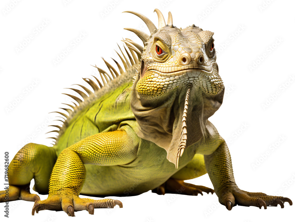 a green iguana with sharp teeth