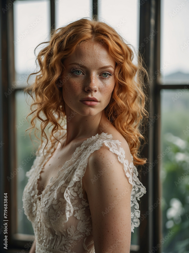 Bright, strawberry blonde-haired, with freckles. 30 year old 38 inch bustline anf full lips bride , green eyes,wearing wedding dress standing in front of the window, sunlight, fantastic beauty. Curls. Bright, strawberry blonde-haired, with freckles. 30 year old 38 inch bustline anf full lips bride , green eyes,wearing wedding dress standing in front of the window, sunlight, fantastic beauty. Curls.