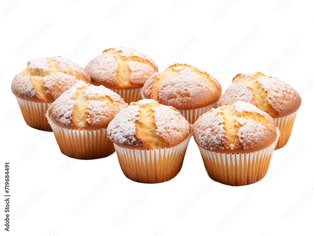 a group of muffins with powdered sugar