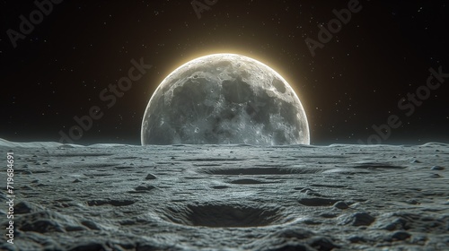 A view from the moon, in the style of cinematic scene, hard surface, focus stacking. space photography