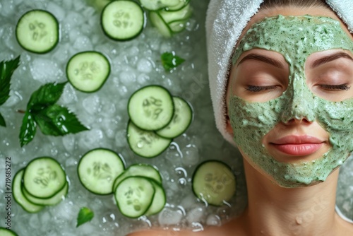 Woman with a refreshing cucumber mask on her face, surrounded by fresh cucumber slices and ice in the background