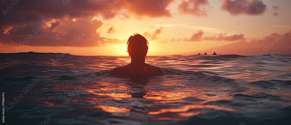 Cinematic still of a swimmer emerging from the ocean in Hawaii during a vibrant sunrise