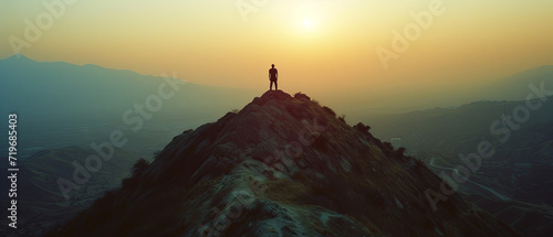 Cinematic still of a a hiker reaching the summit of a mountain at sunset