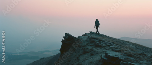 Cinematic still of a a hiker reaching the summit of a mountain at sunset