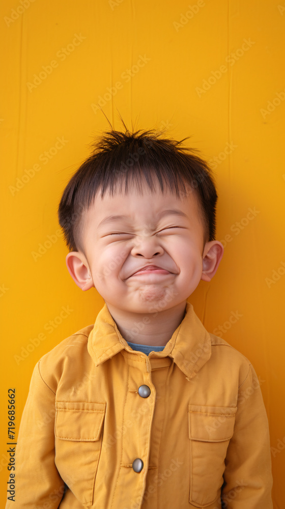 A cute young Asian boy making a funny face in front of a yellow background A cute young Asian boy making a funny face in front of a yellow background