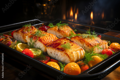 One-pan Baked Halibut fillet with Vegetables. Horizontal,close-up, side view.