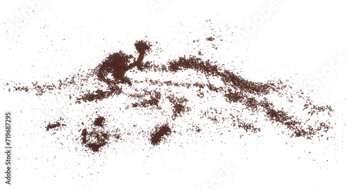 Ground coffee scattered isolated on white, top view