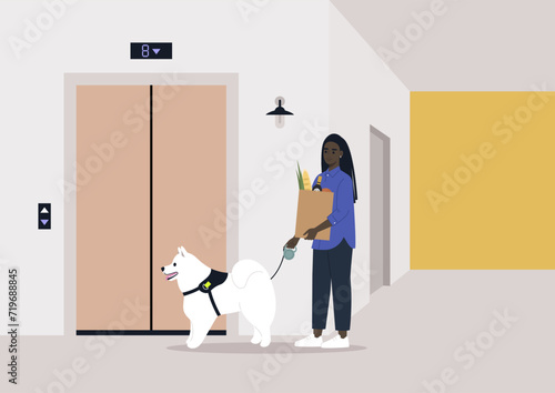 A young character, after running errands, returns home from a walk with a dog and grocery shopping, patiently waiting for the elevator to arrive, multitasking and routine  aspects of daily life