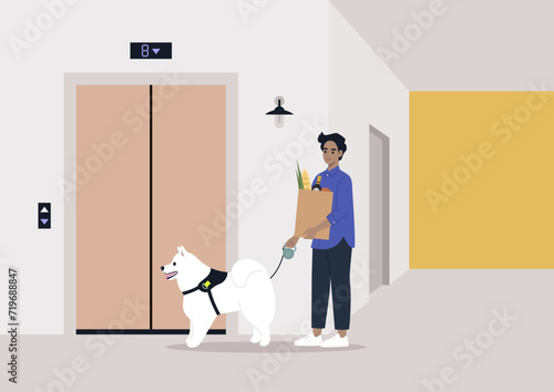 A young character, after running errands, returns home from a walk with a dog and grocery shopping, patiently waiting for the elevator to arrive, multitasking and routine  aspects of daily life