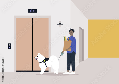 A young character, after running errands, returns home from a walk with a dog and grocery shopping, patiently waiting for the elevator to arrive, multitasking and routine  aspects of daily life