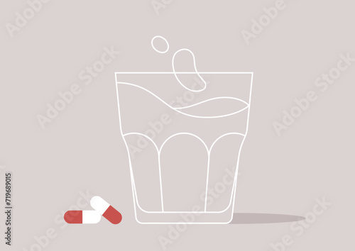 A glass of water accompanied by capsule pills sets the scene for a daily routine, symbolizing the habitual and necessary act of taking medication or supplements as part of one's health regimen