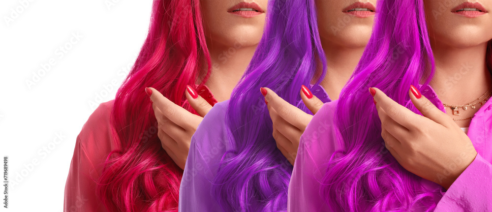Obraz premium Beautiful woman with bright pink hair on white background, closeup