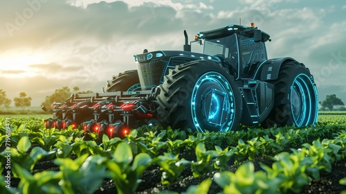 Autonomous tractor with artificial intelligence. Digitalization and digital transformation in agriculture 4.0. Smart farming photo