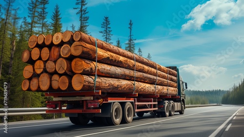 back view of long heavy industrial wood carrier cargo vessel truck trailer with big timber pine, spruce, cedar driving on highway road with blue sky background. Timber export and shipping concept photo