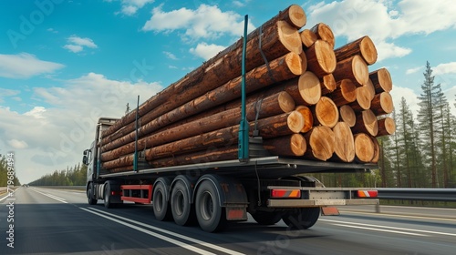 back view of long heavy industrial wood carrier cargo vessel truck trailer with big timber pine, spruce, cedar driving on highway road with blue sky background. Timber export and shipping concept