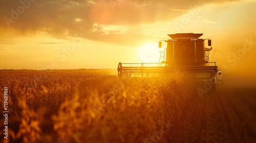red combine harvester soybean harvest against the backdrop of the sun in the sky. The farm operates in the field in the autumn season photo