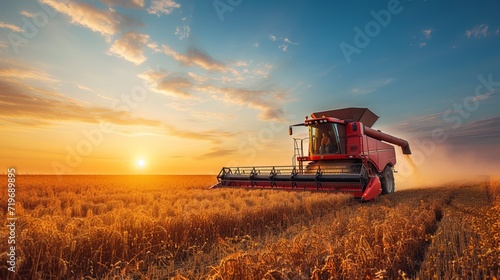 red combine harvester soybean harvest against the backdrop of the sun in the sky. The farm operates in the field in the autumn season