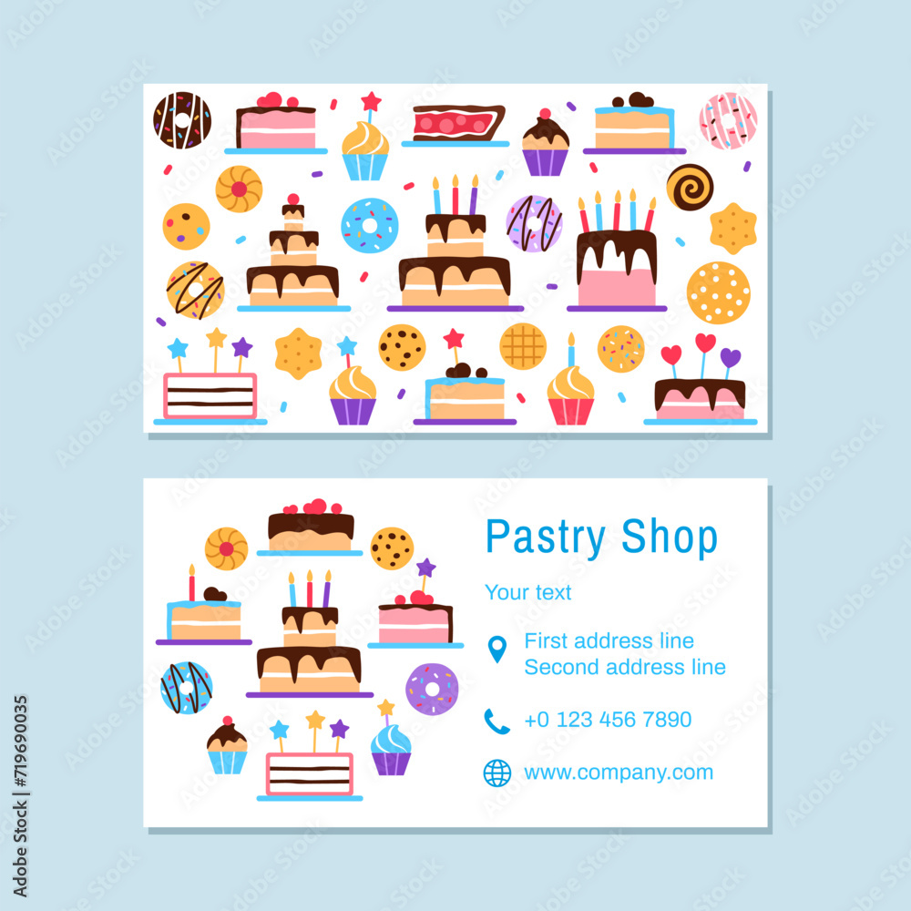 Pastry shop visiting card template. Confectionery business card design. Bright colorful flat yummy snack dessert donut cake muffin croissant for baked food sweet shop cafe vector illustration.