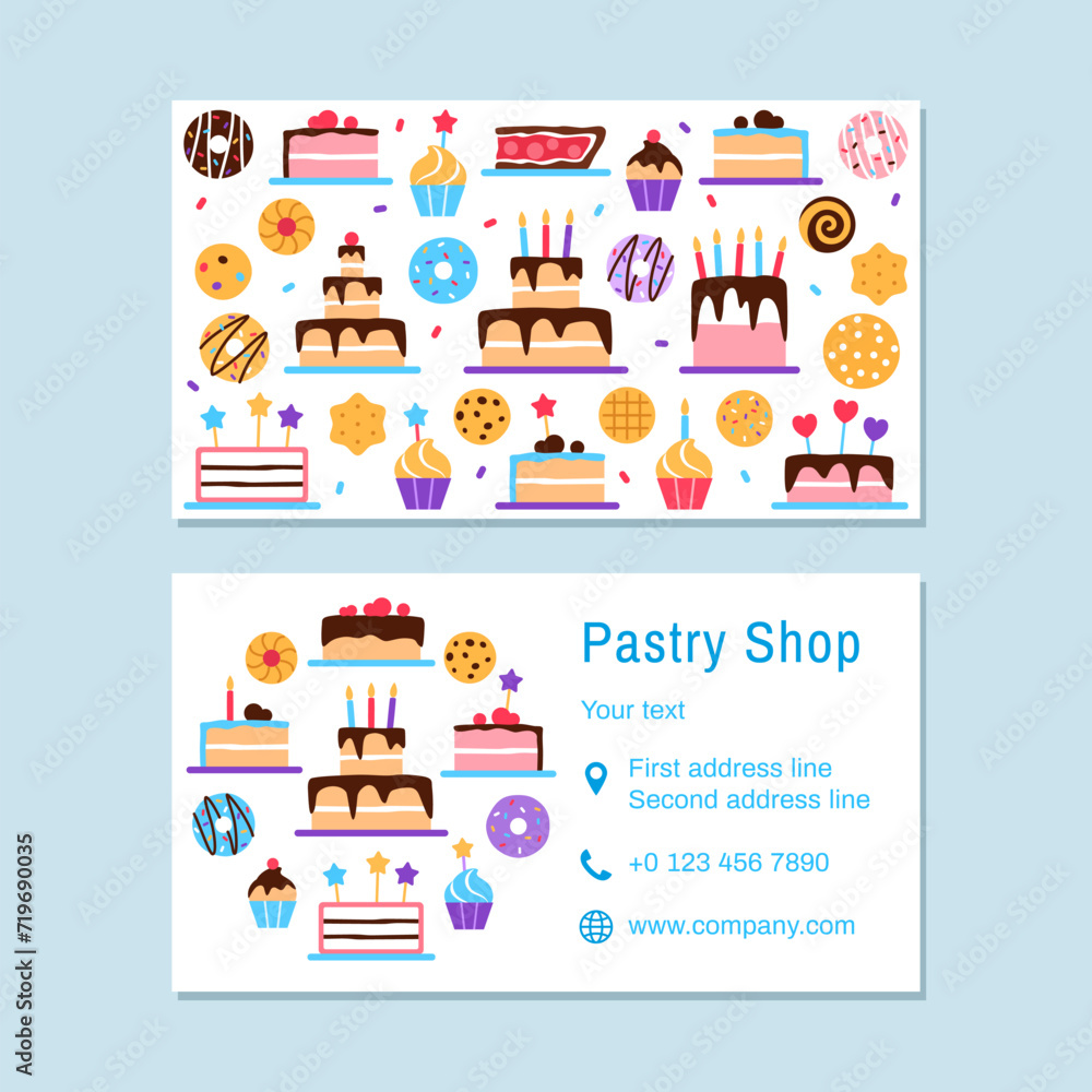 Pastry shop visiting card template. Confectionery business card design. Bright colorful flat yummy snack dessert donut cake muffin croissant for baked food sweet shop cafe vector illustration. Pastry shop visiting card template. Confectionery business card design. Bright colorful flat yummy snack dessert donut cake muffin croissant for baked food sweet shop cafe vector illustration.