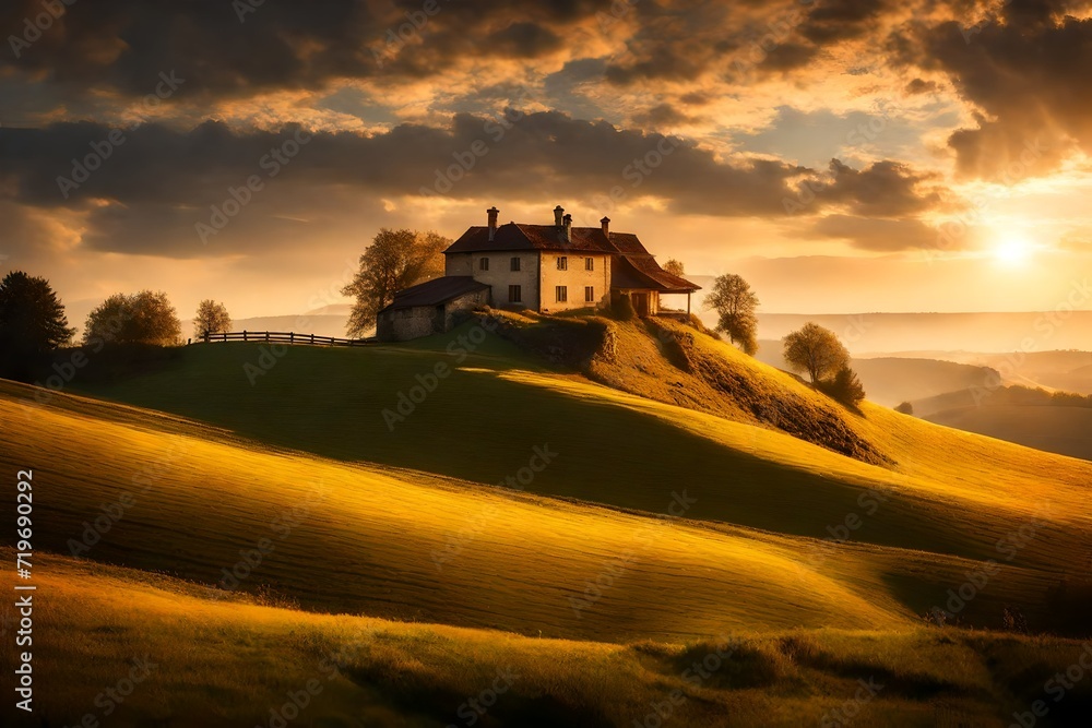 Fototapeta premium Sun's first rays peeking over the horizon, illuminating a farmhouse on top of a majestically beautiful hill, its vintage charm and timeless beauty.