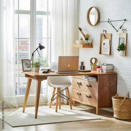 Capture a stylish and organized home office setup with a laptop, desk accessories, and natural light.