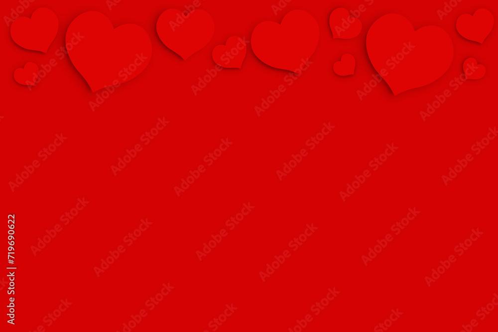 Red background with red hearts, design for Valentine's day, border composition