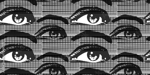 Collage style magazine cut out eyes graphic design pattern seamless. Trendy elements with a retro photocopy effect. Magazine clippings texture.
