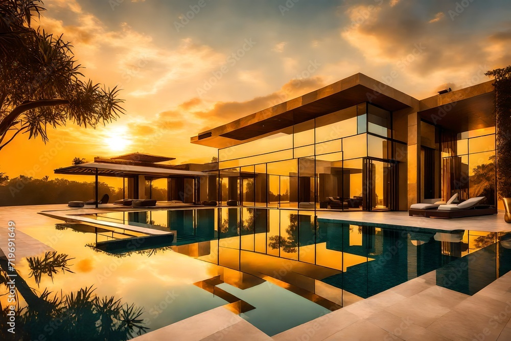 Sunset over a lavish villa with swimming pool, capturing the pool's glassy surface mirroring the golden hues and the villa's elegant architecture.