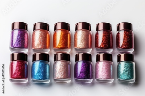 Samples of colorful bottles with glitter nail polish isolated on white background, concept of beauty and self-care
