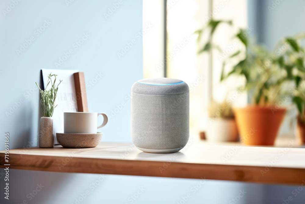 A modern smart speaker assistant on a table in a cozy home setting. Concept of trendy wireless gadget, technology interfaces for interacting with voice assistants for comfort living