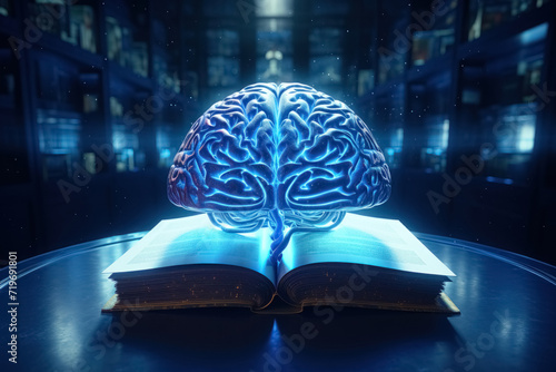 Brain with blue neon light and books against background of shelves in library, abstract picture shows how books enrich mind farming neural connection and give creative ideas photo