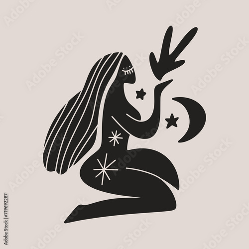 Sacred woman in Matisse style, meditating magic Reiki silhouette drawing, Bali moon wild young girl moon child.