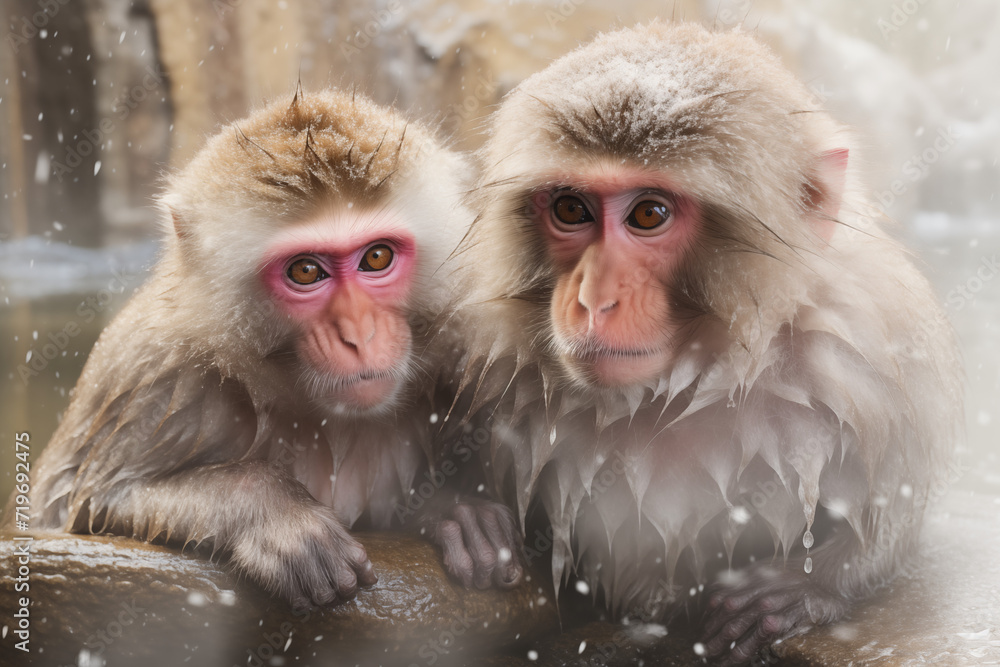 Affen sitzen bei Schnee und Eis in einer heißen Quelle, Japanische Schneeaffen im heißen See Affen sitzen bei Schnee und Eis in einer heißen Quelle, Japanische Schneeaffen im heißen See