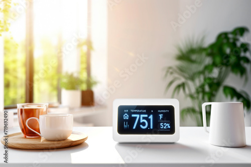 Contemporary smart digital hygrometer and thermometer in a living space, displaying air quality with temperature and humidity readings. Concept of smart home technology for everyday comfort living