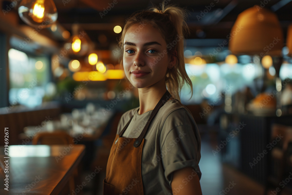 A waitress smiling in a coffee shop / restaurant