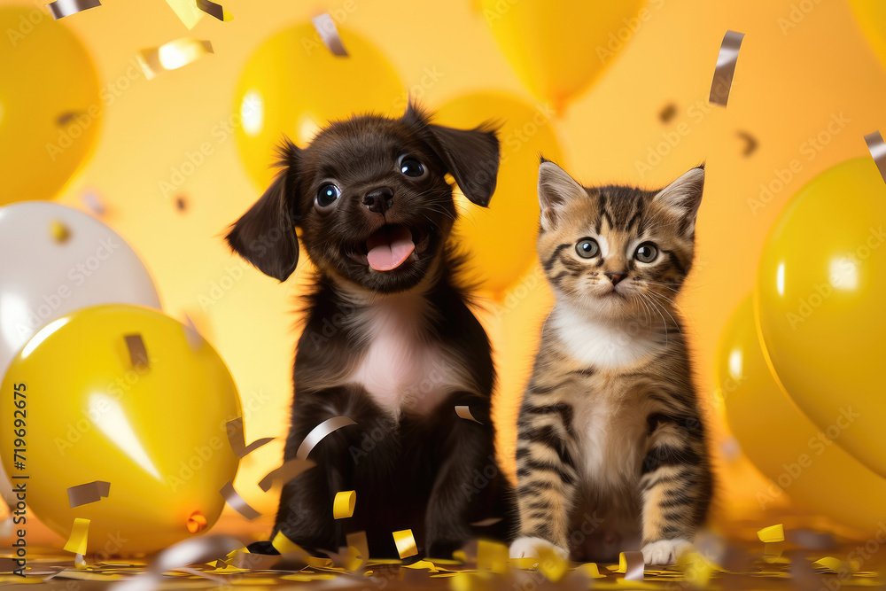 Surprised white and ginger dog with bright balloons on yellow background