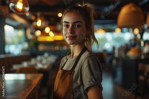 A waitress smiling in a coffee shop / restaurant