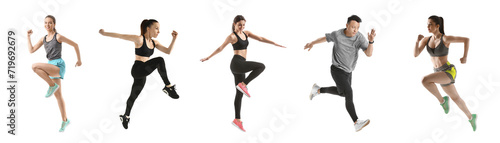 Set of sporty running and jumping people on white background © Pixel-Shot