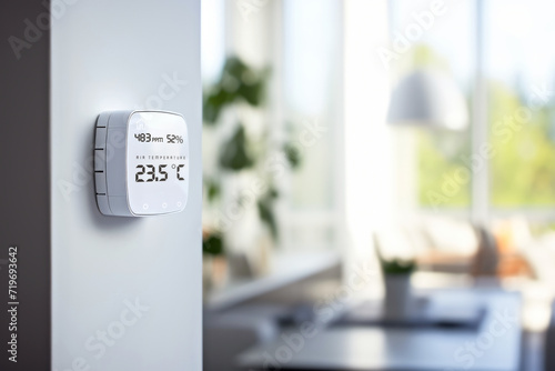 Digital electronic thermostat showing CO2 levels, temperature, and humidity on a home wall for air quality monitoring. Concept of smart home technology for everyday comfort living and domestic life photo