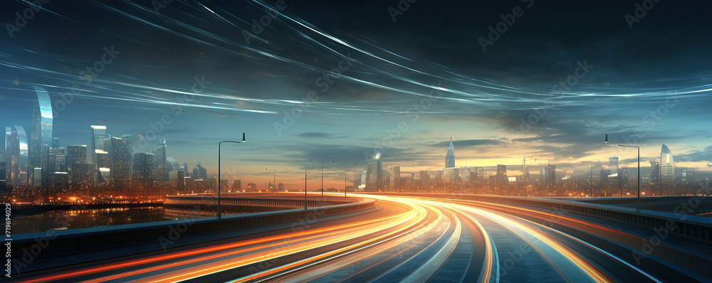 a city with light trails on a highway at night time, in the style of light teal and orange	

