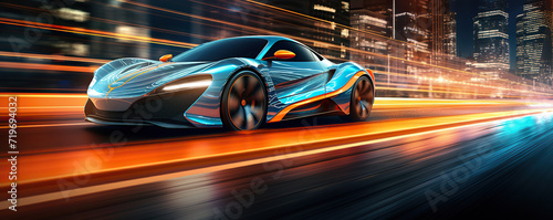 the futuristic elan concept car driving along a city road at night time, in the style of vray tracing 