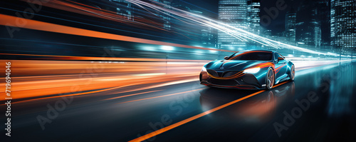 the futuristic elan concept car driving along a city road at night time, in the style of vray tracing	
