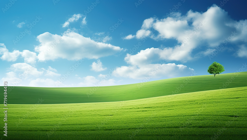 Obraz premium Amazing green field and white clouds in a summer day.