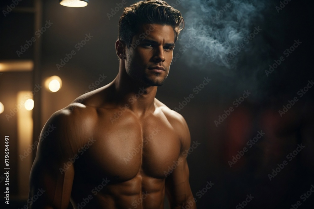 Shirtless Man Standing in Dark Room. Generative AI. Shirtless Man Standing in Dark Room. Generative AI.