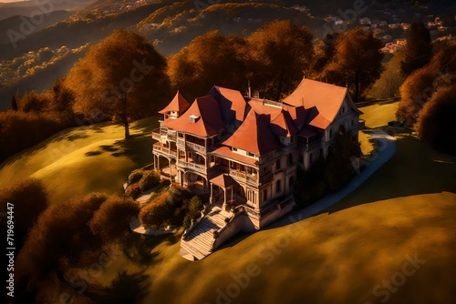 The warm glow of sunset casting long shadows on a duplex on top of a majestically beautiful hill, intricate architectural details and serene surroundings