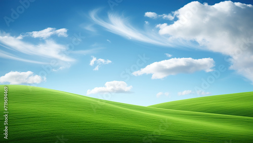 Amazing green field and white clouds in a summer day.