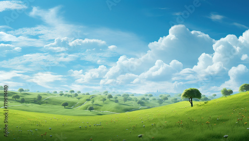 Amazing green field and white clouds in a summer day.