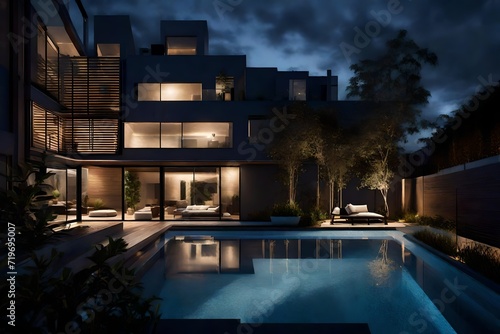 Twilight descending on a townhouse with swimming pool, where ambient outdoor lighting paints a scene of tranquility and urban luxury. photo